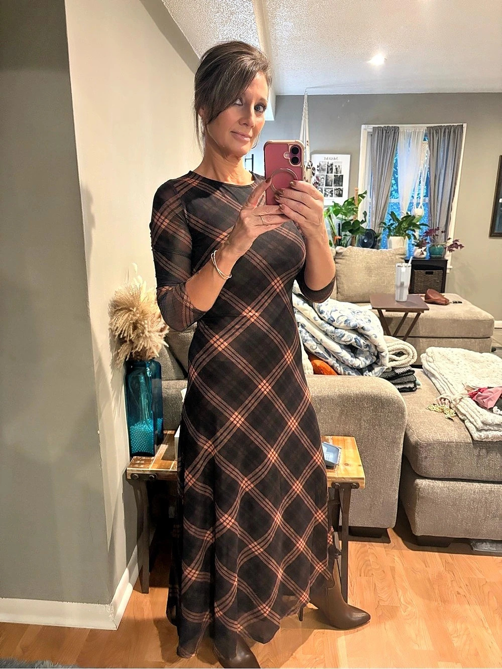Plaid Maxi Dress in Black & Brown Like New